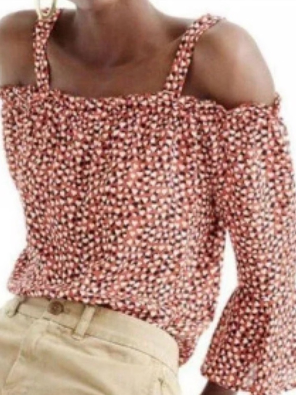 J. Crew red 💯 silk Off-Shoulder Smocked swing Top